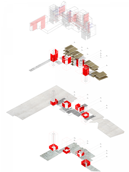 Axonometric showing re-mediation of existing building plans and library infrastructure.